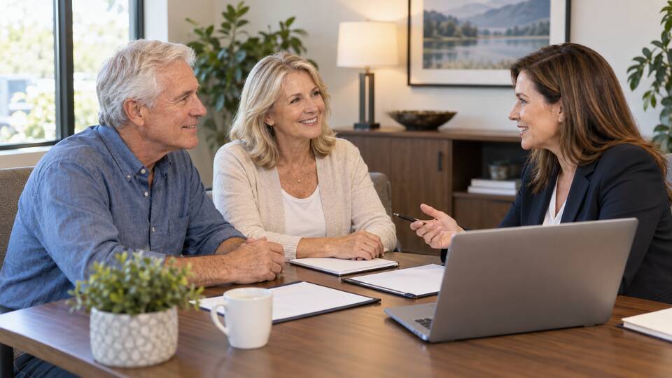 Couple preparing their retirement health care budget with a benefits counselor