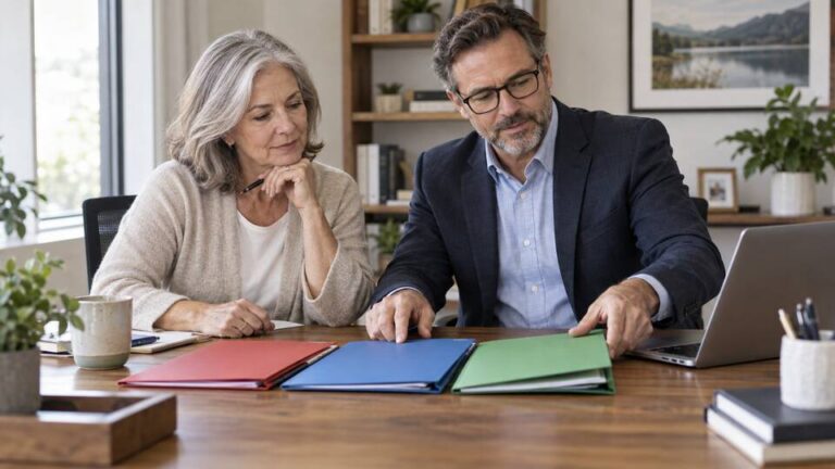 Retiree and tax adviser organizing different retirement account withdrawals