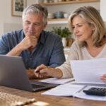Retired couple reviewing a monthly income plan together at their kitchen table