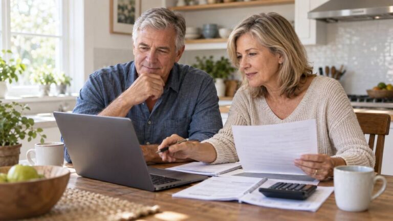 Retired couple reviewing a monthly income plan together at their kitchen table