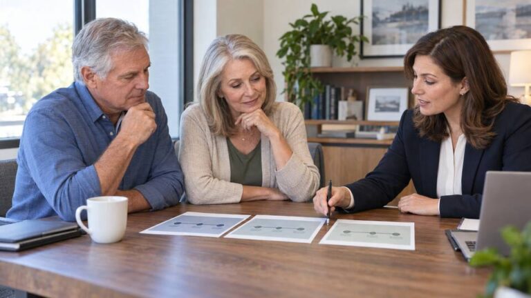 Couple in their 60s discussing Social Security timing with a financial planner